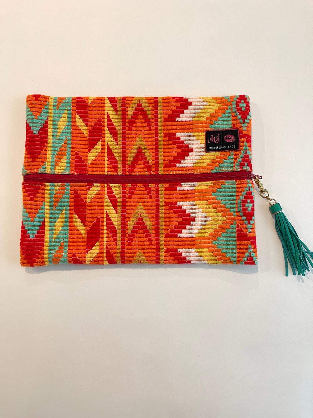 Makeup Junkie Bag Size Large Vibrant Colorful Aztec Lay Flat Cosmetic Bag